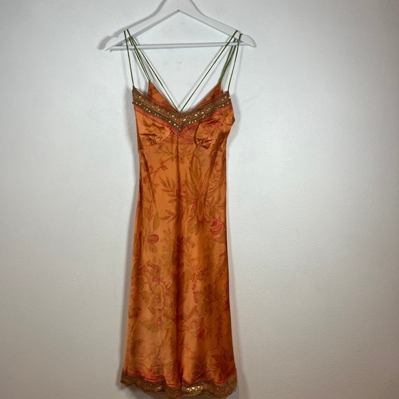 Ticci Tonetto Dresses & Skirts - Whimsical 90s Y2K Midi Slip Dress Size M Paisley Satin Sequin Mesh Trim Orange